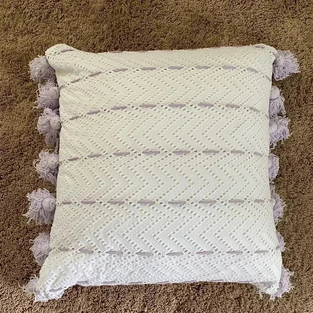 Anthropologie tasseled eyelet lavender pillow white purple tassels 22x22 square